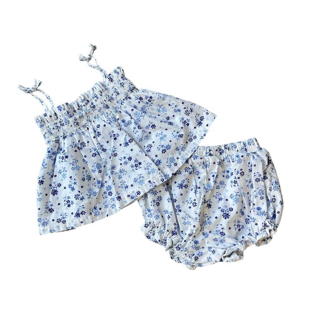 Baby Girls 6-9 Months Miniwear Blue White Floral Smocked Swing Top Bloomers Set